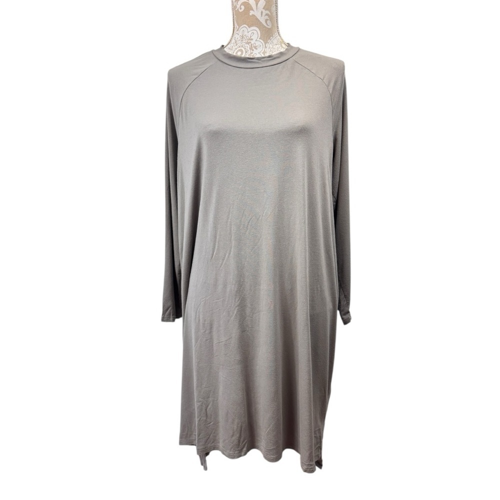 Eileen Fisher Size Large Stretch Knit Minimalist Shirt Dress Gray Long Sleeve